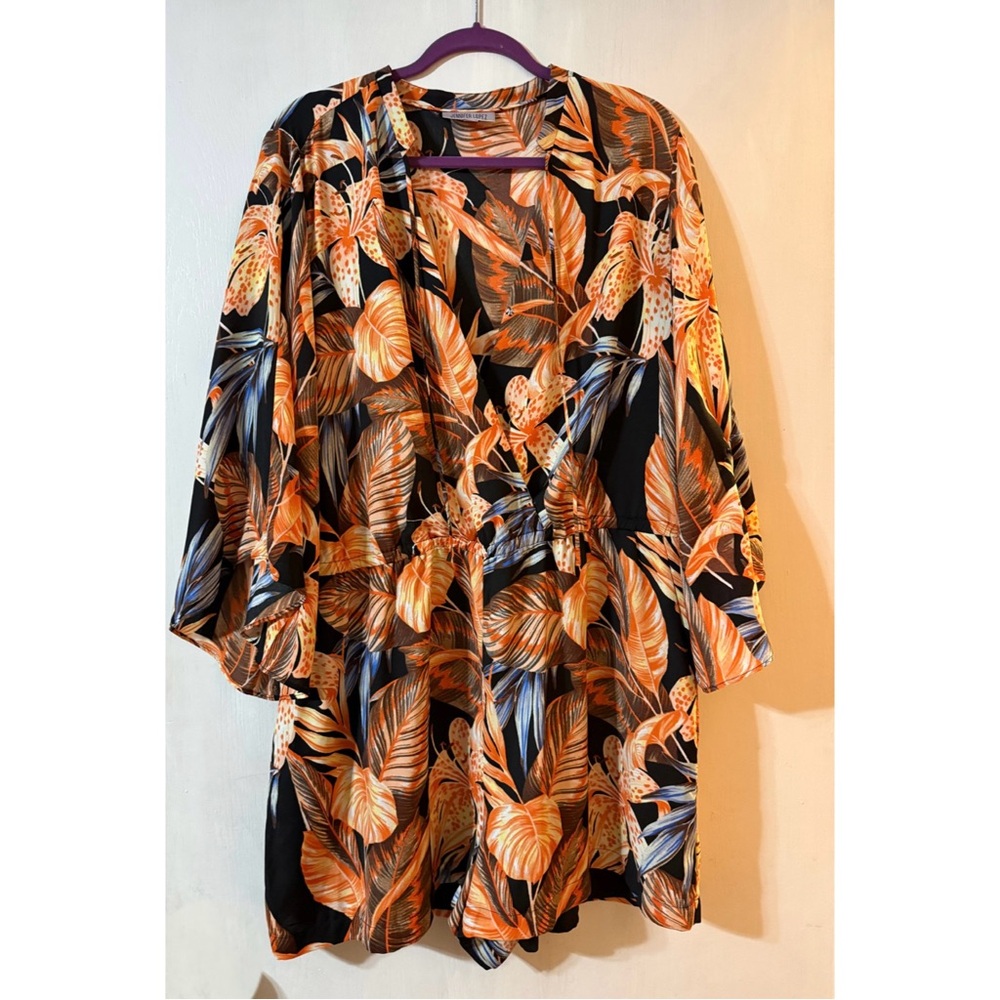 Jennifer Lopez Orange and Black Leaf Print Shorts Romper